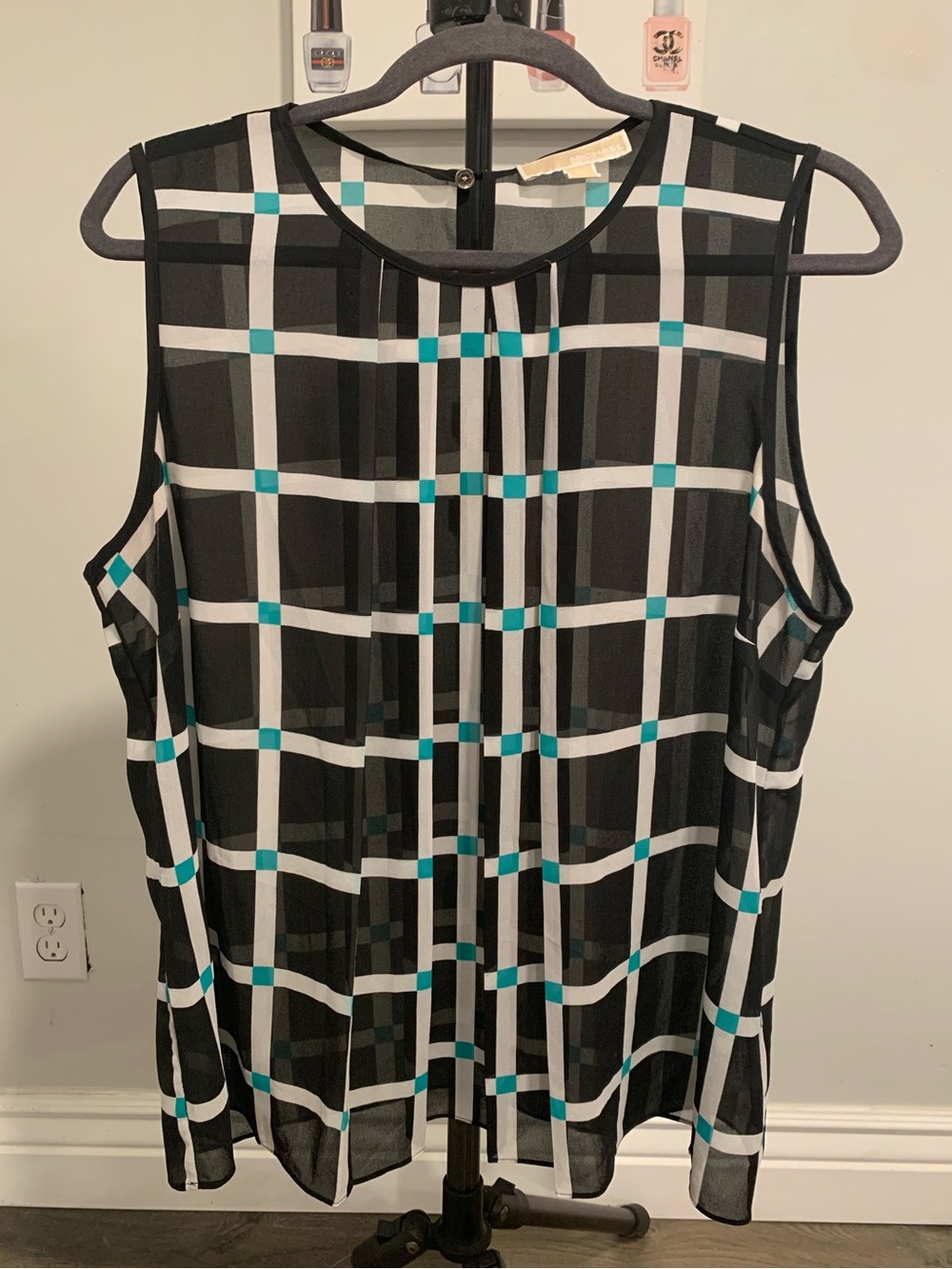 Michael Kors Black Sheer Plaid Sleeveless Top with Teal Accents - GB040